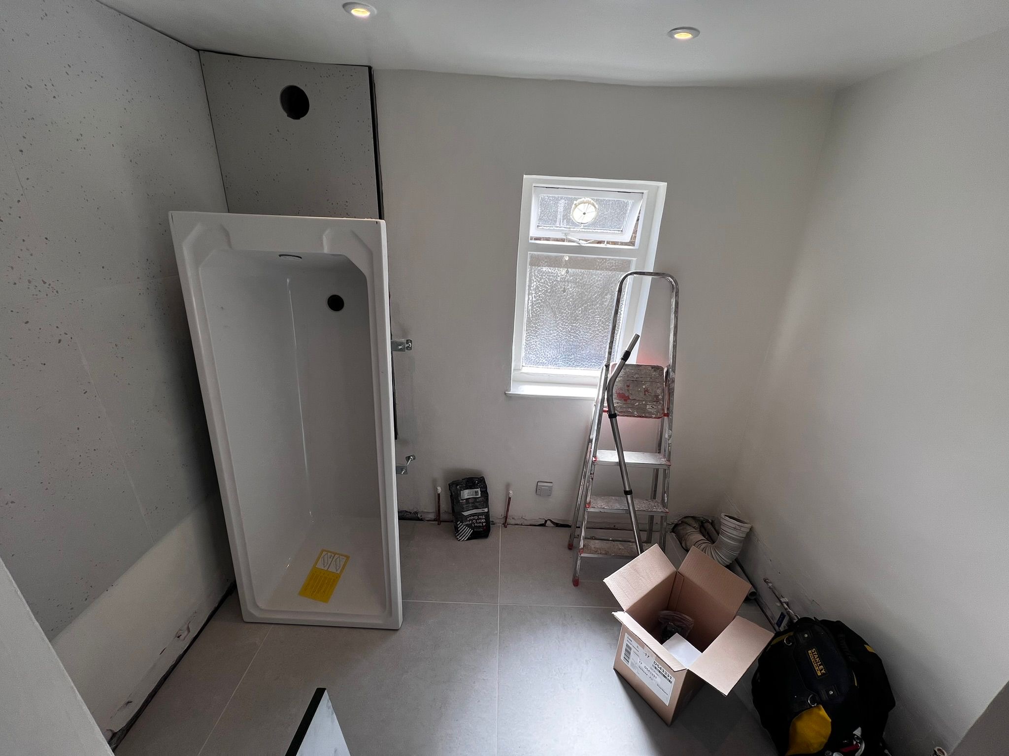 Bathroom Fit-Out — Large Format Tiles & Recessed Lighting — Brighton & Hove Property Repair Co. Brighton & Hove Bathroom Fit-Out — Large Format Tiles & Recessed Lighting — Brighton & Hove Property Repair Co. Brighton & Hove