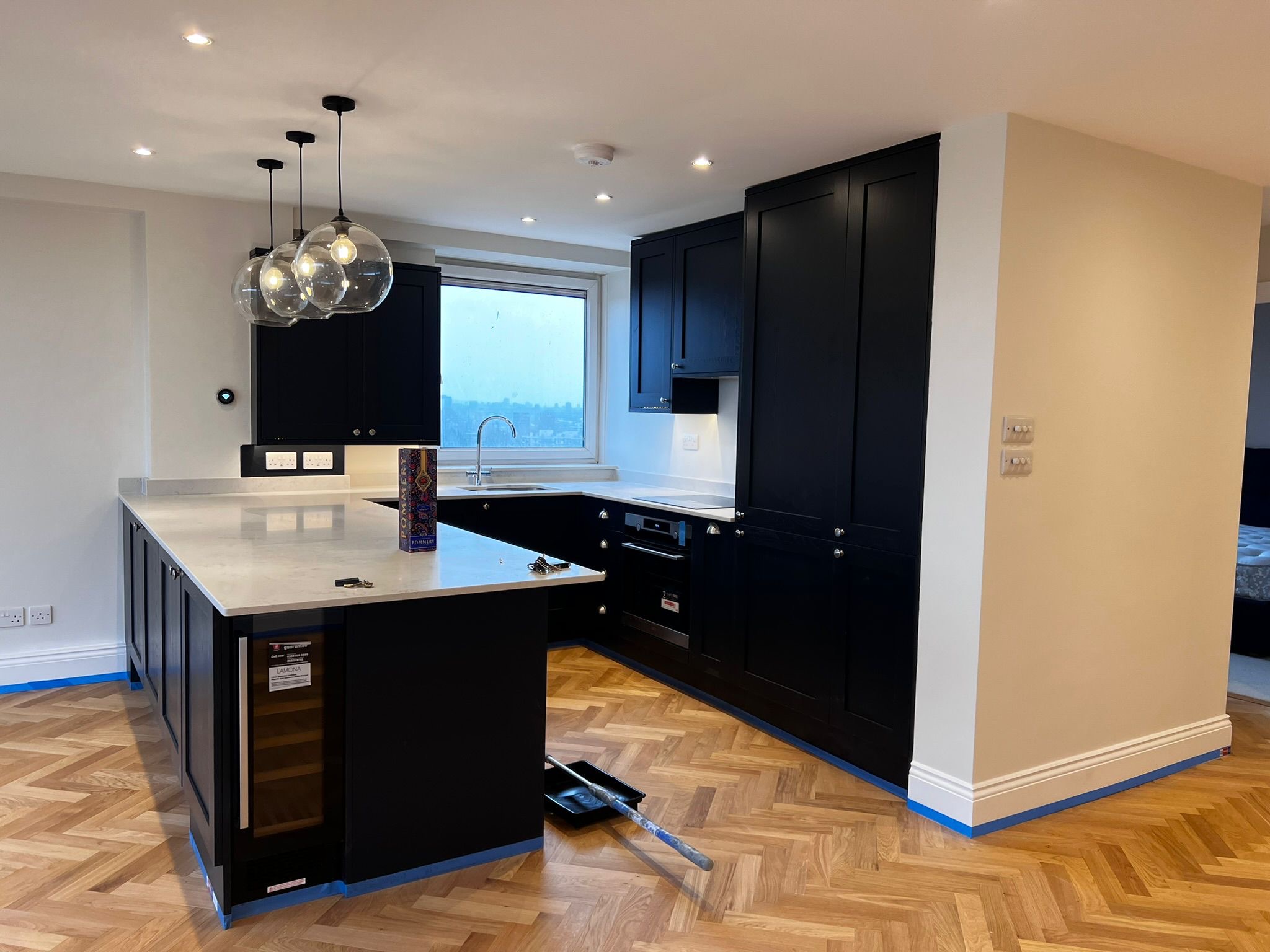 Black Shaker Kitchen with Island, Quartz Worktop & Herringbone Floor